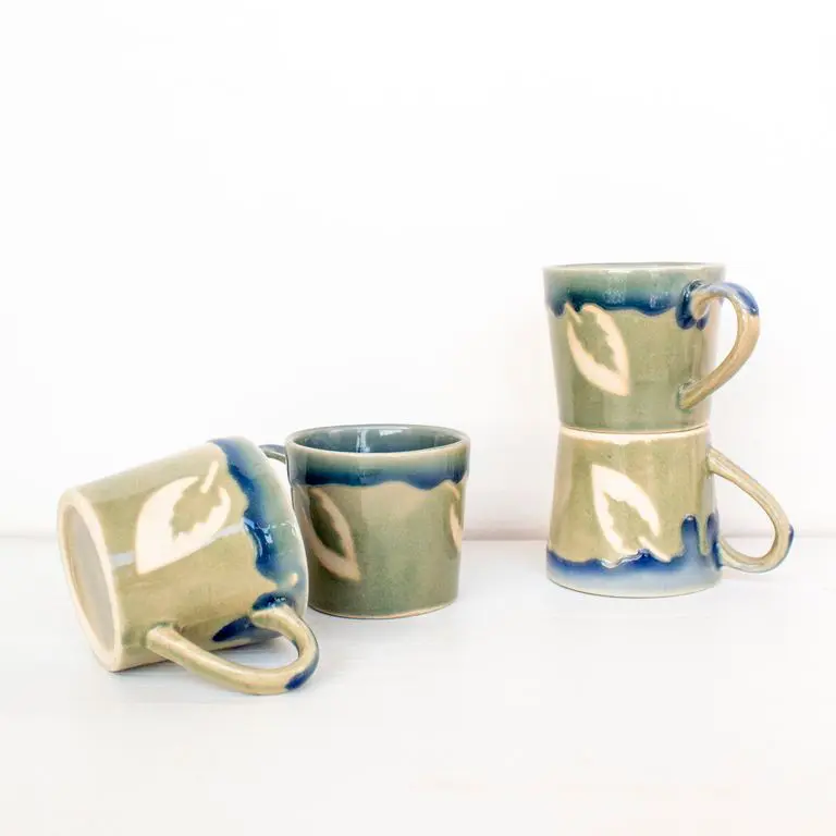 Baby Leaf Tea Cups | Byora Homes | Blue & Green | Stoneware Ceramic | Set of 2 | Set of 4