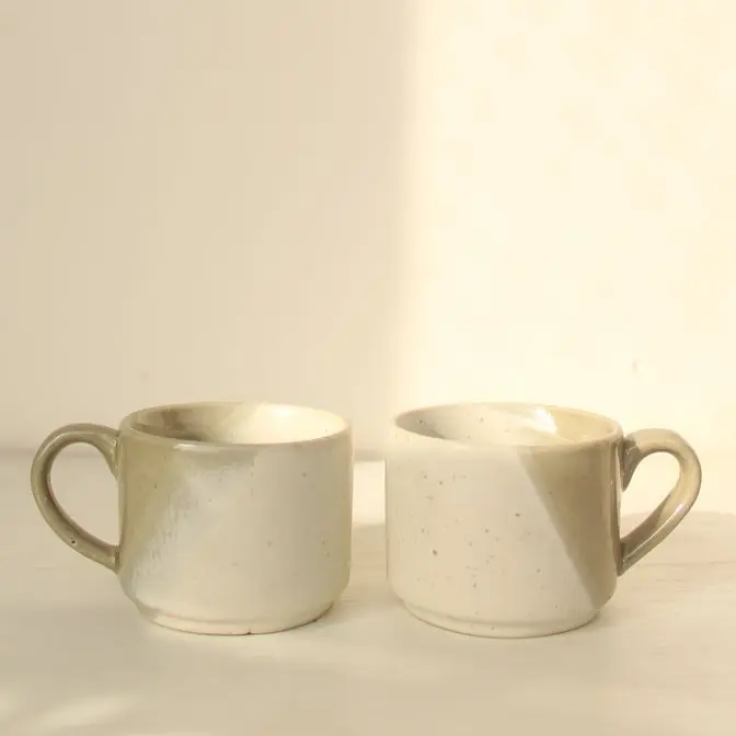 Oblique Tea Cups | Byora Homes | Beige & Grey | Stoneware Ceramic | Set of 2