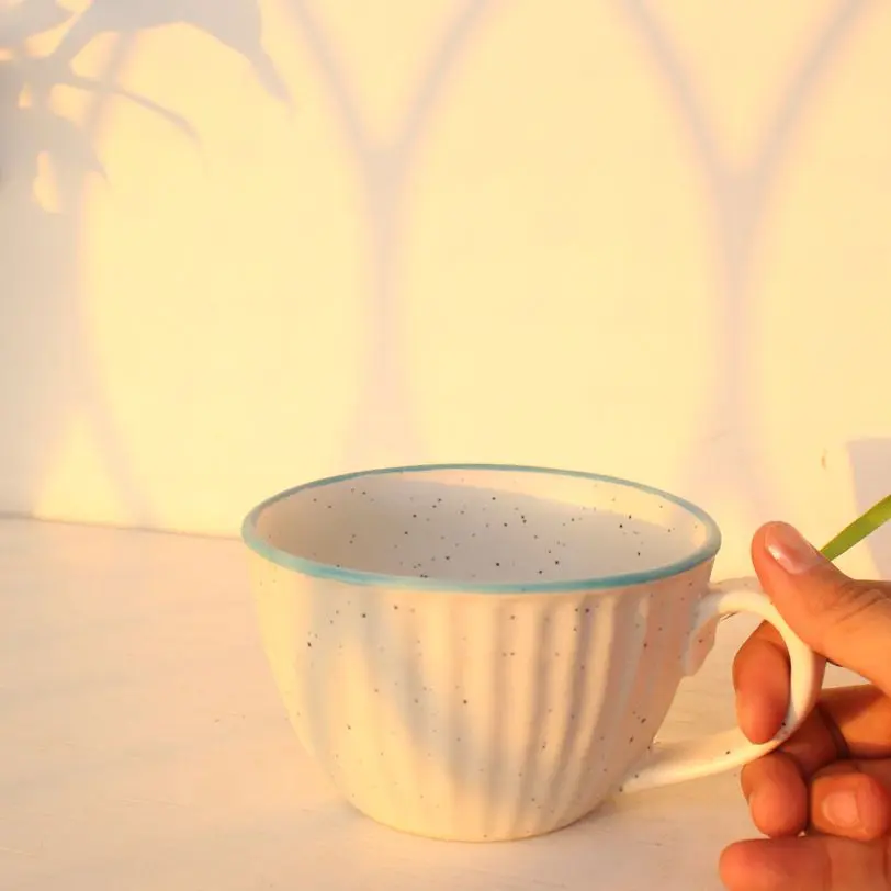 Blue At The Rim Latte Mug | Byora Homes | Off-white | Stoneware Ceramic