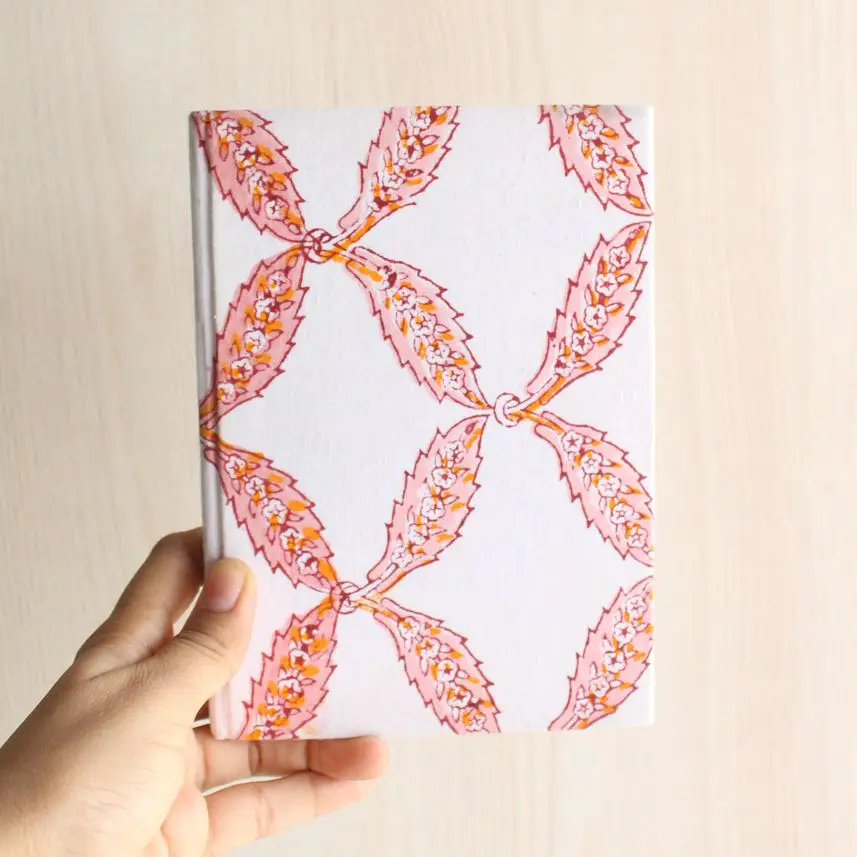 Pink Leaves Print Textile Diary | White & Pink