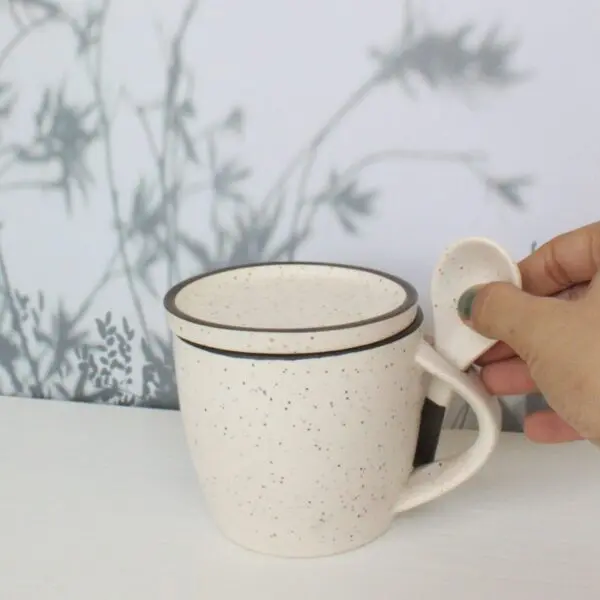 Blurry Mug with Spoon and Coaster | Byora Homes | Beige | Stoneware Ceramic - Image 3