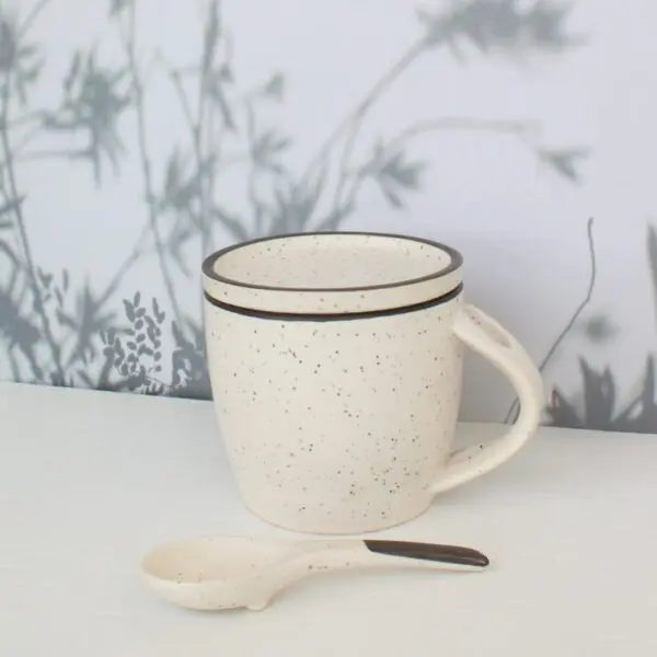 Blurry Mug with Spoon and Coaster | Byora Homes | Beige | Stoneware Ceramic - Image 4