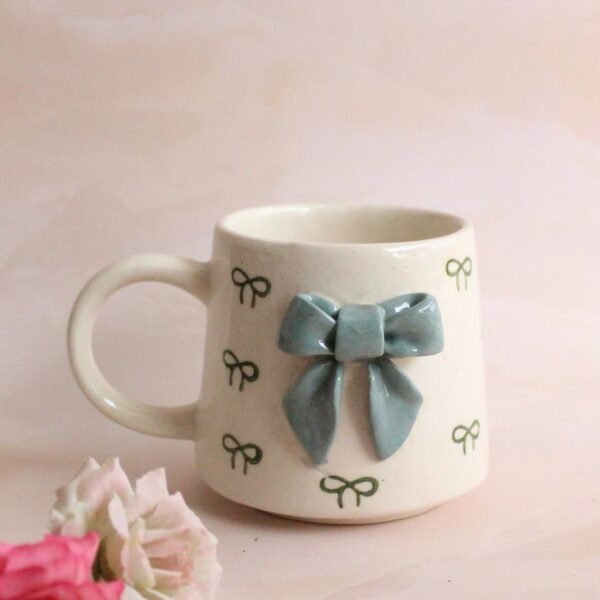 Bows and Beans Mug | Byora Homes | Beige & Green | Stoneware Ceramic