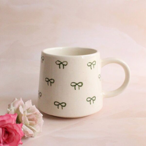 Bows and Beans Mug | Byora Homes | Beige & Green | Stoneware Ceramic - Image 2