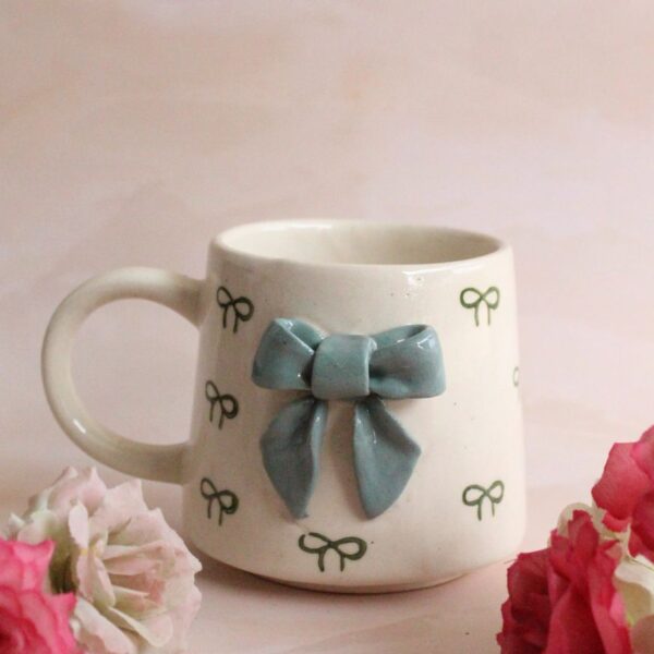 Bows and Beans Mug | Byora Homes | Beige & Green | Stoneware Ceramic - Image 4