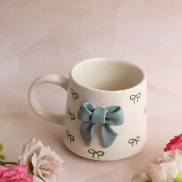 Bows and Beans Mug | Byora Homes | Beige & Green | Stoneware Ceramic - Image 3