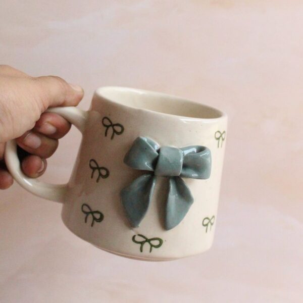 Bows and Beans Mug | Byora Homes | Beige & Green | Stoneware Ceramic - Image 5