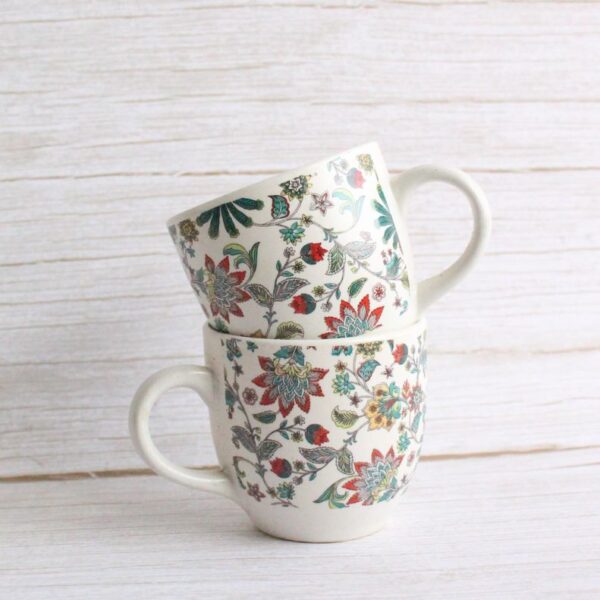 Florest Cups | Byora Homes | Beige & Green | Stoneware Ceramic | Set of 2