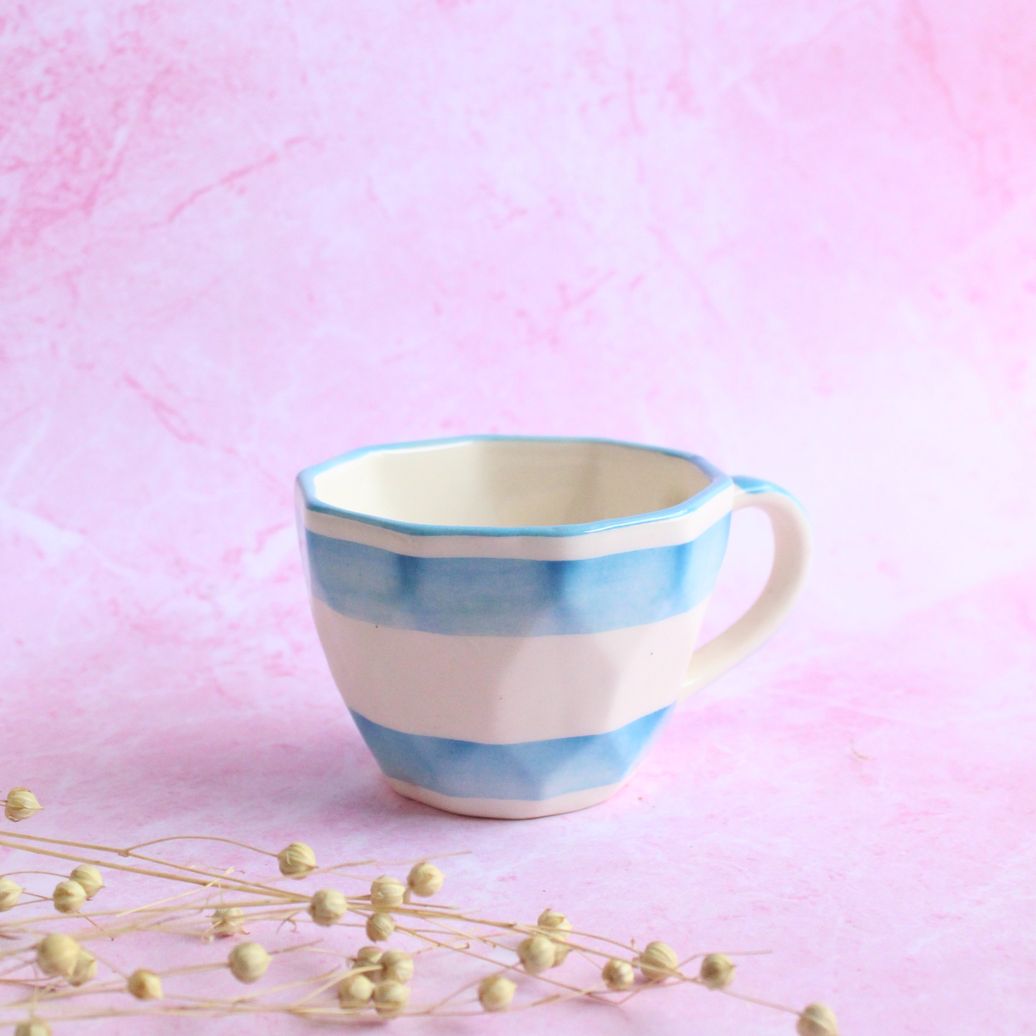 Stripey Latte Mug | Byora Homes | Blue & White | Stoneware Ceramic