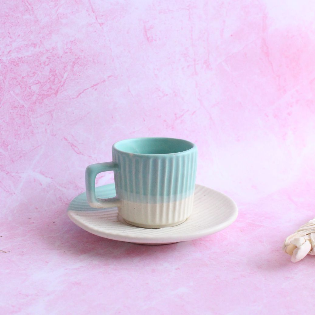 Oceanic Ribs Cup and Saucer | Byora Homes | Blue | Stoneware Ceramic