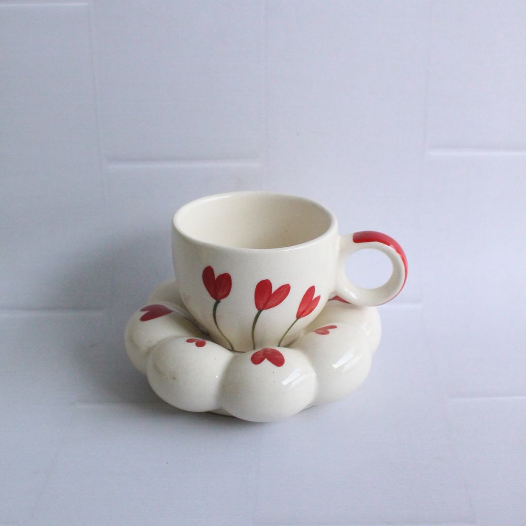 Hearty Pop and Saucer | Byora Homes | Beige & Red | Stoneware Ceramic