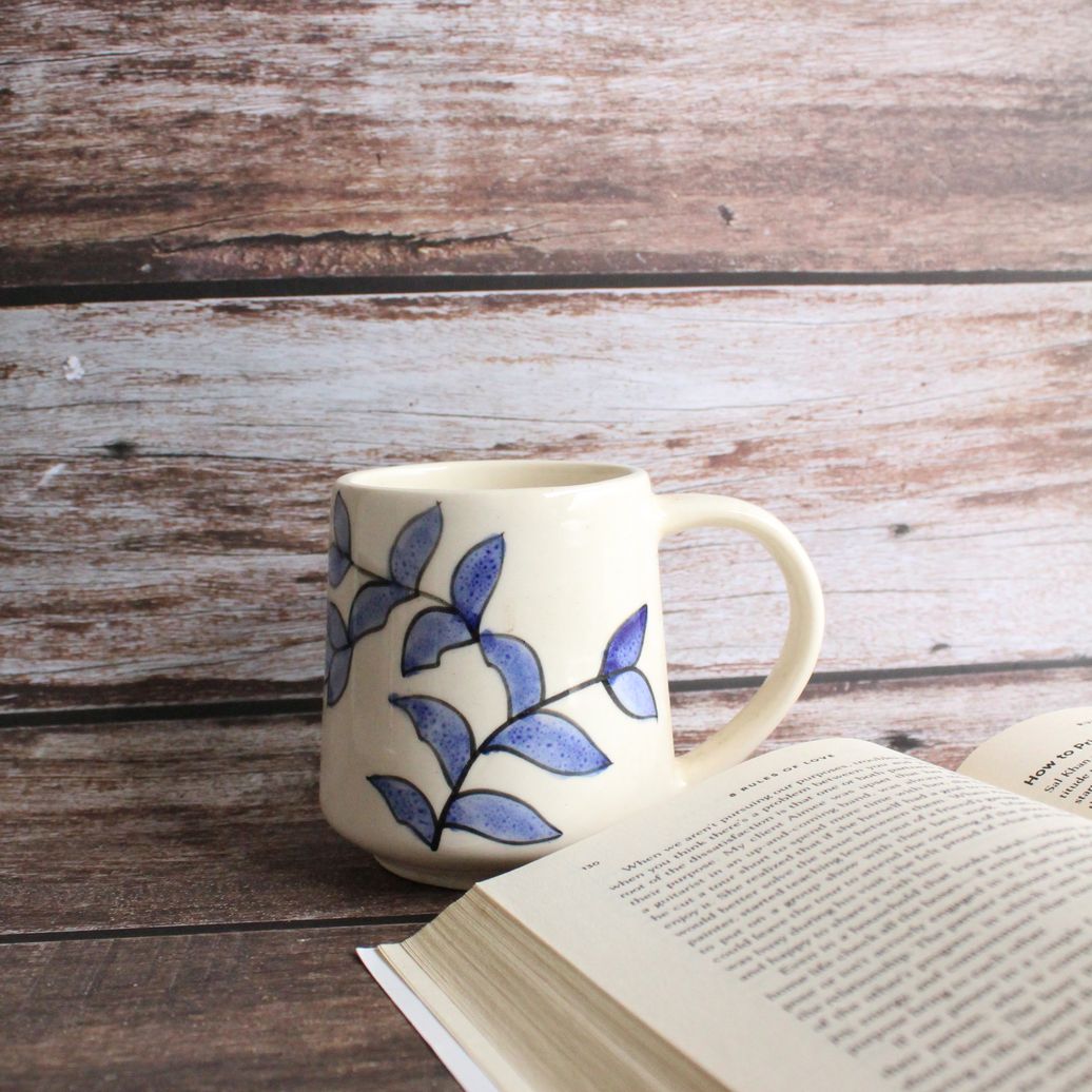 Leafy Brew Mug | Byora Homes | Beige & Blue | Stoneware Ceramic