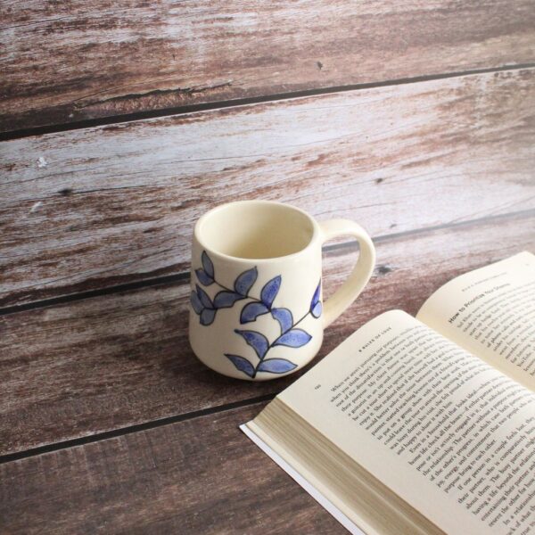 Leafy Brew Mug | Byora Homes | Beige & Blue | Stoneware Ceramic - Image 3