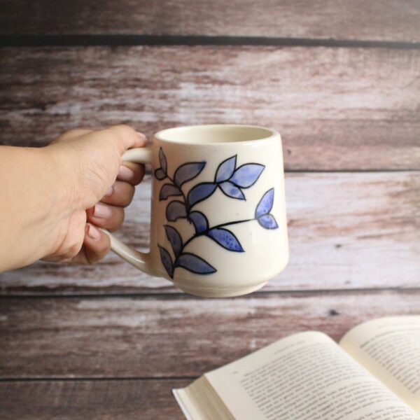 Leafy Brew Mug | Byora Homes | Beige & Blue | Stoneware Ceramic - Image 2