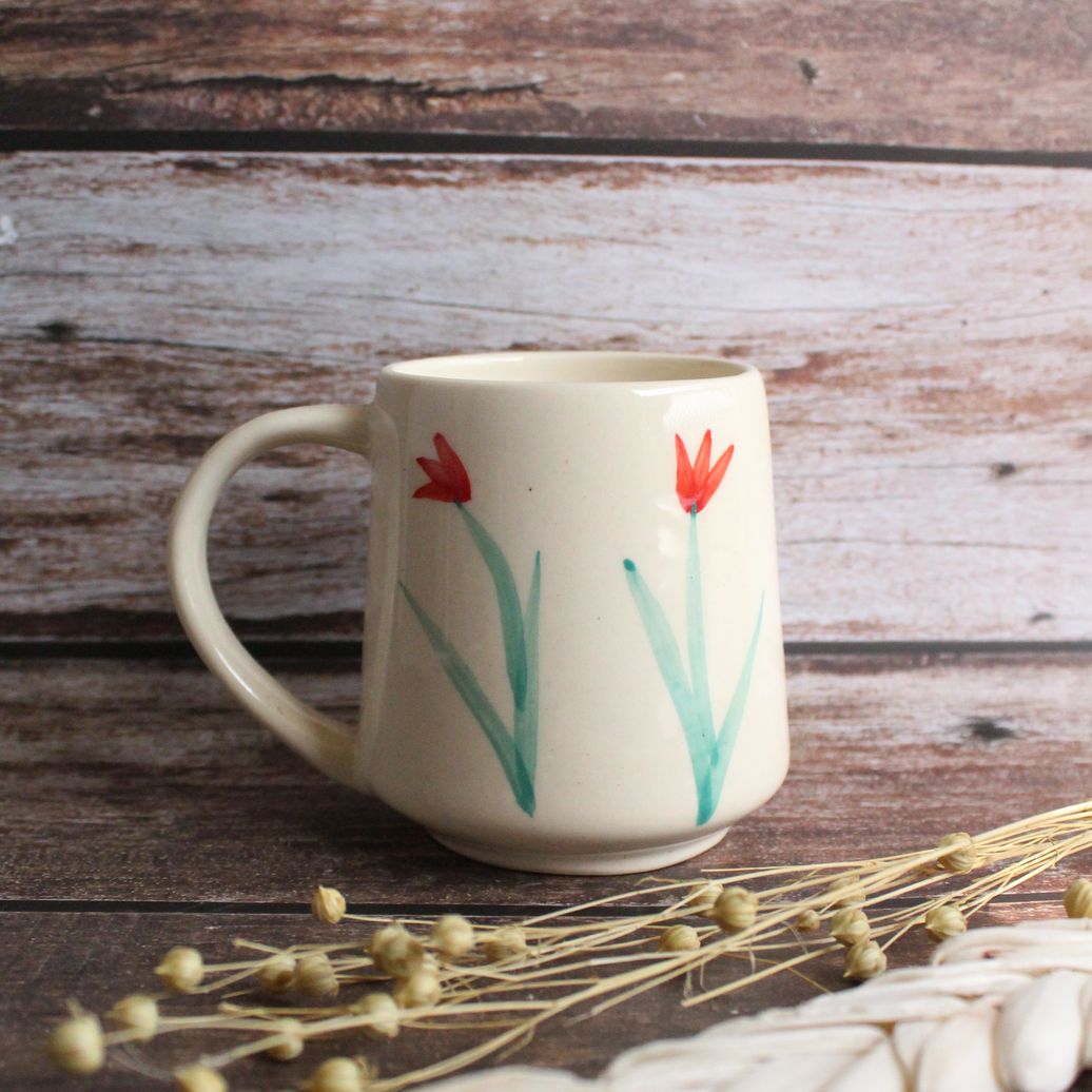 Red Tulips Mug | Byora Homes | Beige & Red | Stoneware Ceramic