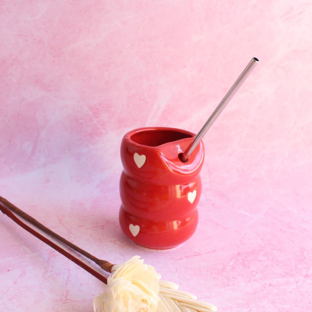 Rosy Red Straw Mug | Byora Homes | Red | Stoneware Ceramic - Image 2