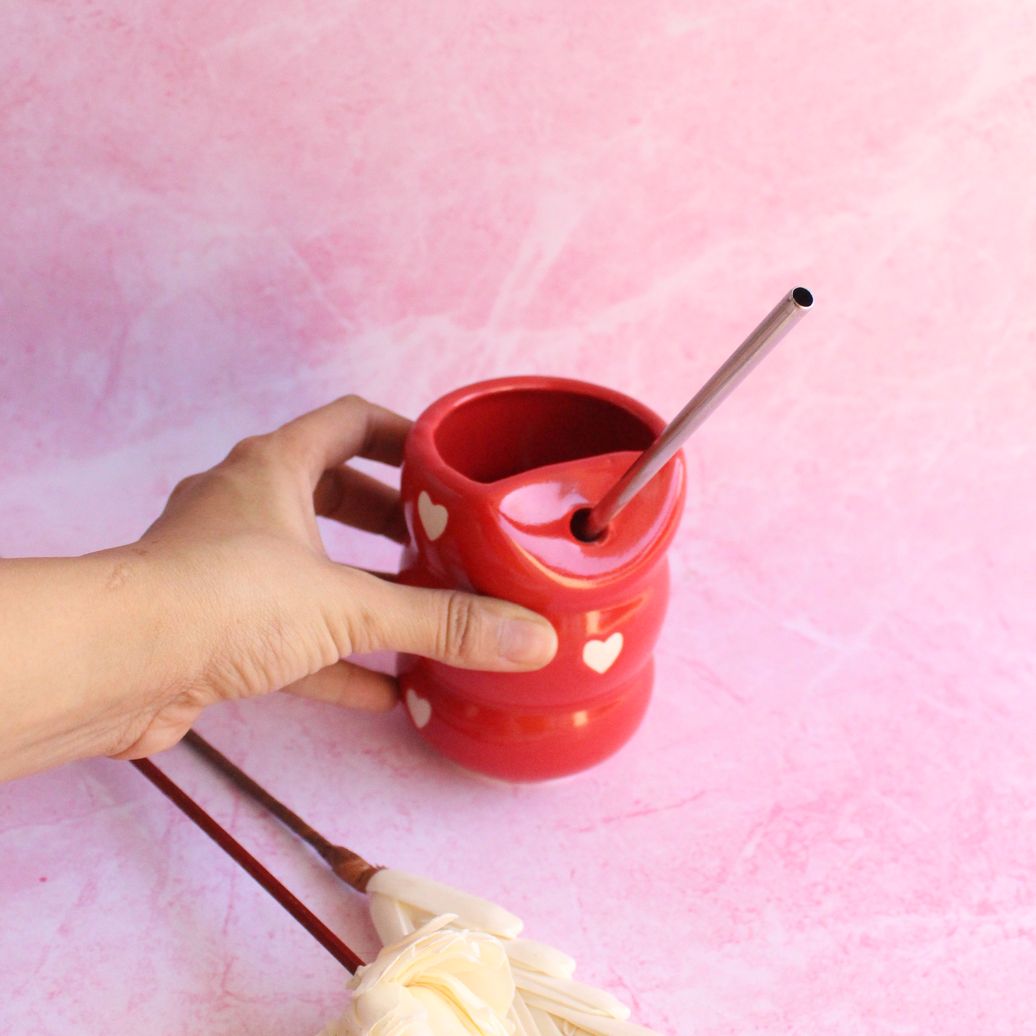 Rosy Red Straw Mug | Byora Homes | Red | Stoneware Ceramic - Image 3