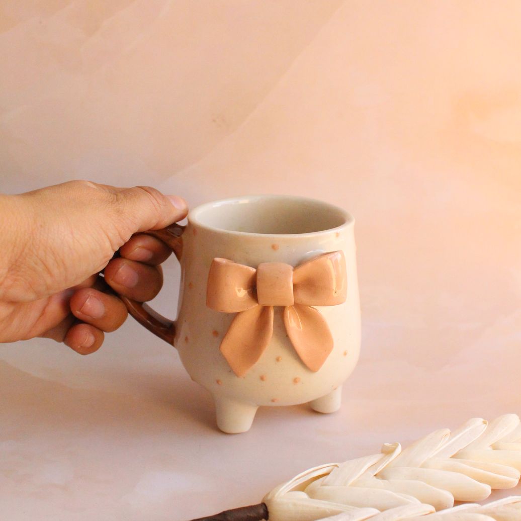 Beige and Bows Mug | Byora Homes | Beige | Stoneware Ceramic - Image 2