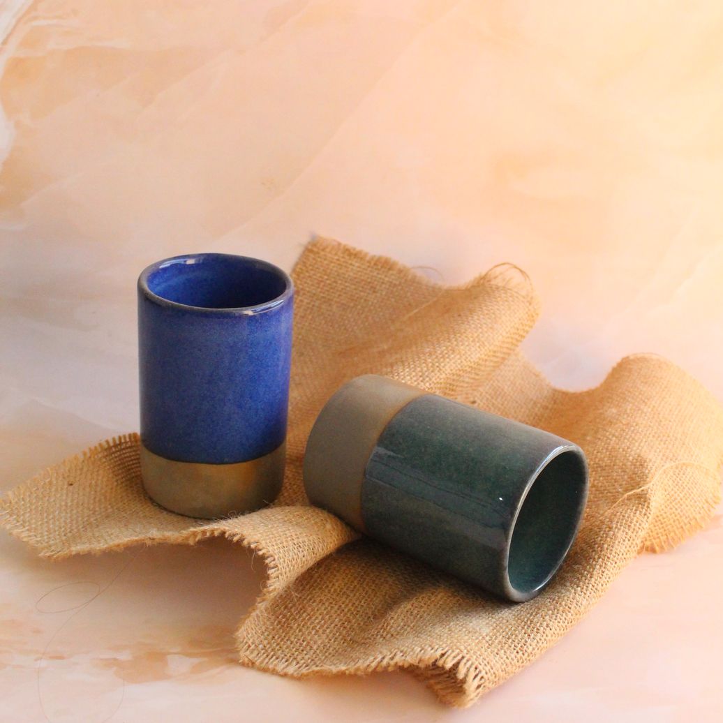 Blues and Greens Water Glass | Byora Homes | Green and Blue | Set of 2 | Stoneware Ceramic - Image 3