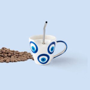 Evil Eye Straw Mug | Byora Homes | Blue | Stoneware Ceramic