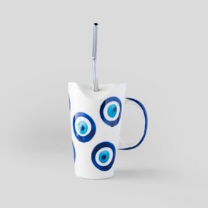 Evil Eye Straw Mug 2.0 | Byora Homes | Blue | Stoneware Ceramic