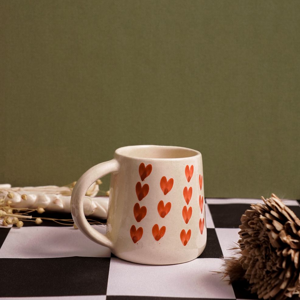 Blush Hearts Mug | Byora Homes | Beige & Red | Stoneware Ceramic