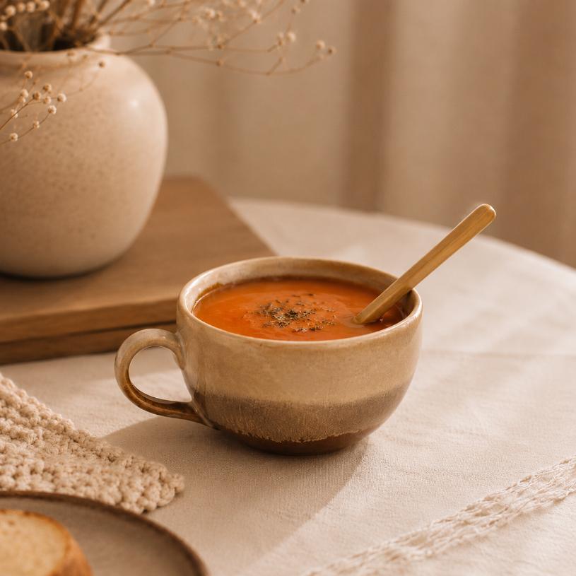 Golden Ceramic Soup Cup with Spoon | Byora Homes | Sand Brown | Stoneware Ceramic