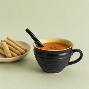 Kaali Peeli Soup Cup with Spoon | Byora Homes | Black & Yellow | Stoneware Ceramic