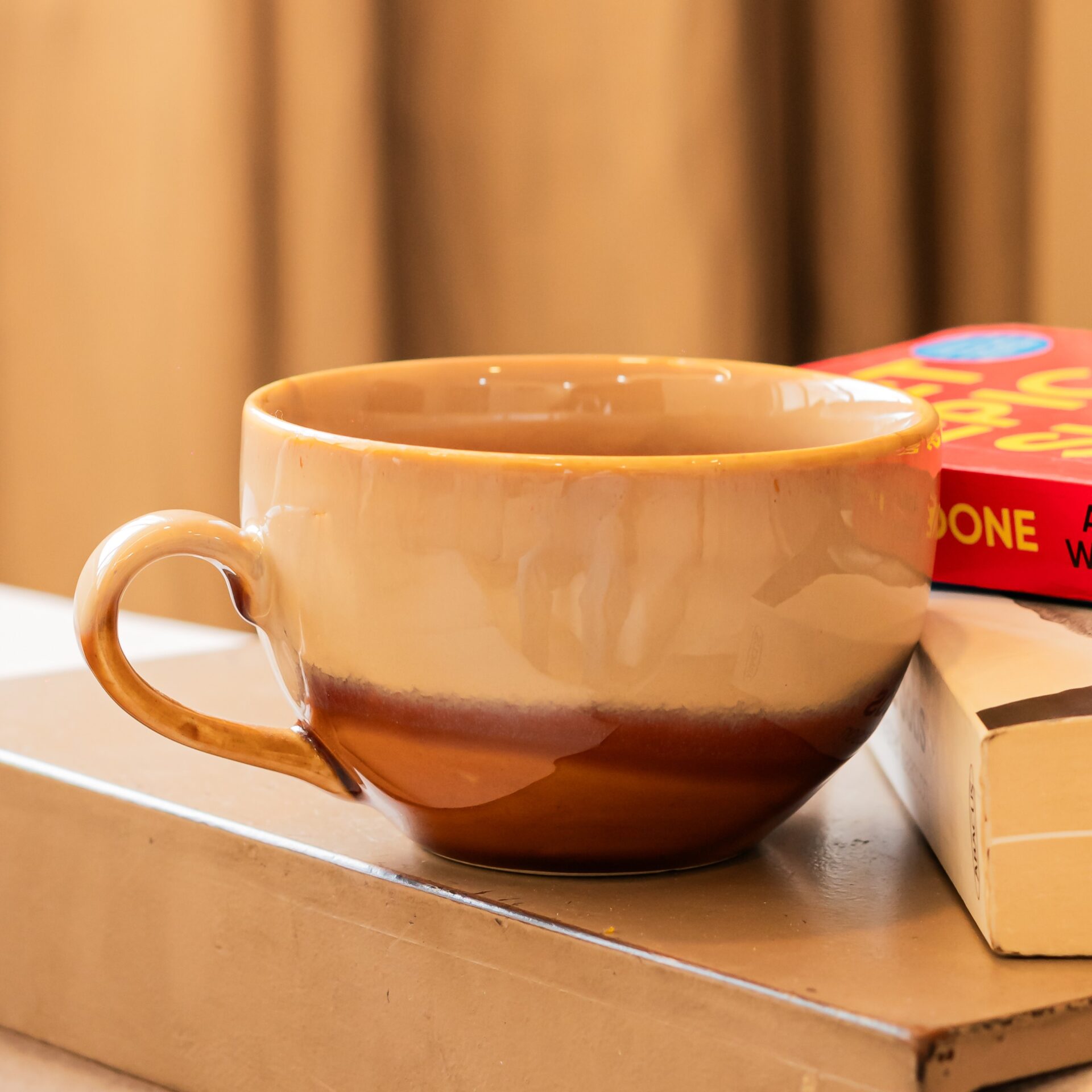 Golden Ceramic Soup Cup with Spoon | Byora Homes | Sand Brown | Stoneware Ceramic - Image 2