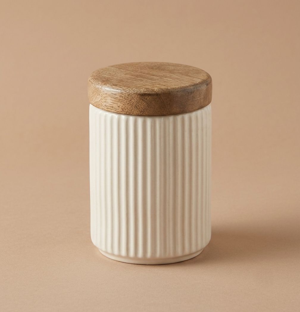 Ribs Ceramic Jar with Wooden Lid | Byora Homes | Beige | Stoneware Ceramic - Image 2