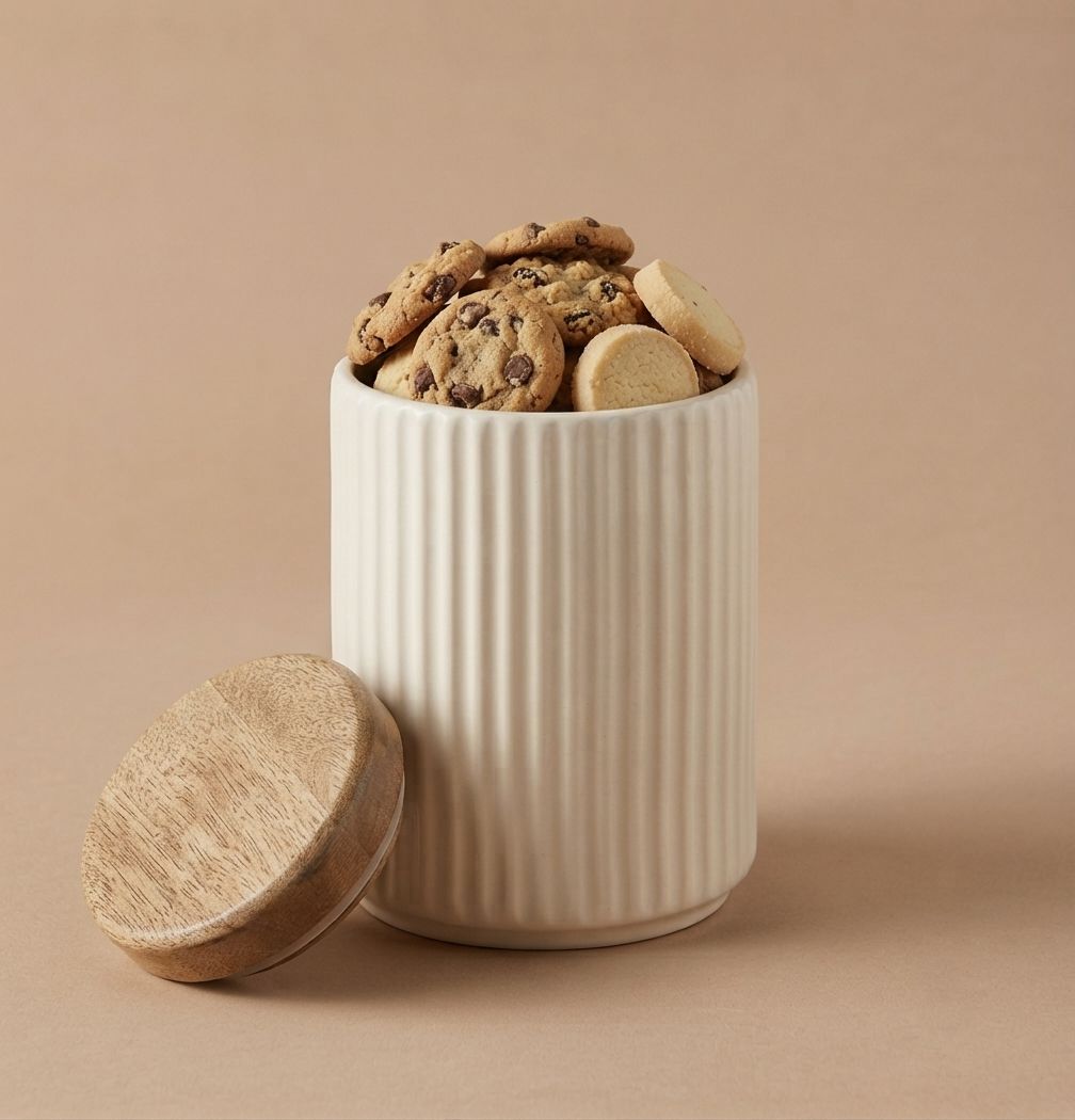 Ribs Ceramic Jar with Wooden Lid | Byora Homes | Beige | Stoneware Ceramic - Image 3