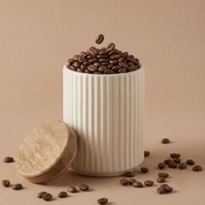 Ribs Ceramic Jar with Wooden Lid | Byora Homes | Beige | Stoneware Ceramic