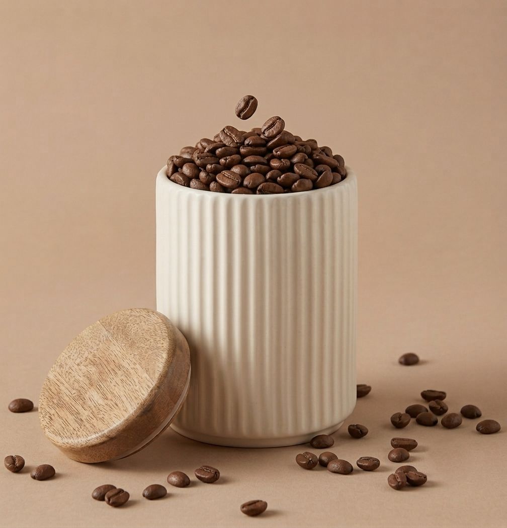 Ribs Ceramic Jar with Wooden Lid | Byora Homes | Beige | Stoneware Ceramic