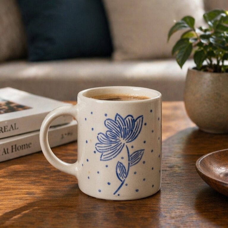 Indigo Print Mug | Byora Homes | Beige & Blue | Stoneware Ceramic - Image 3