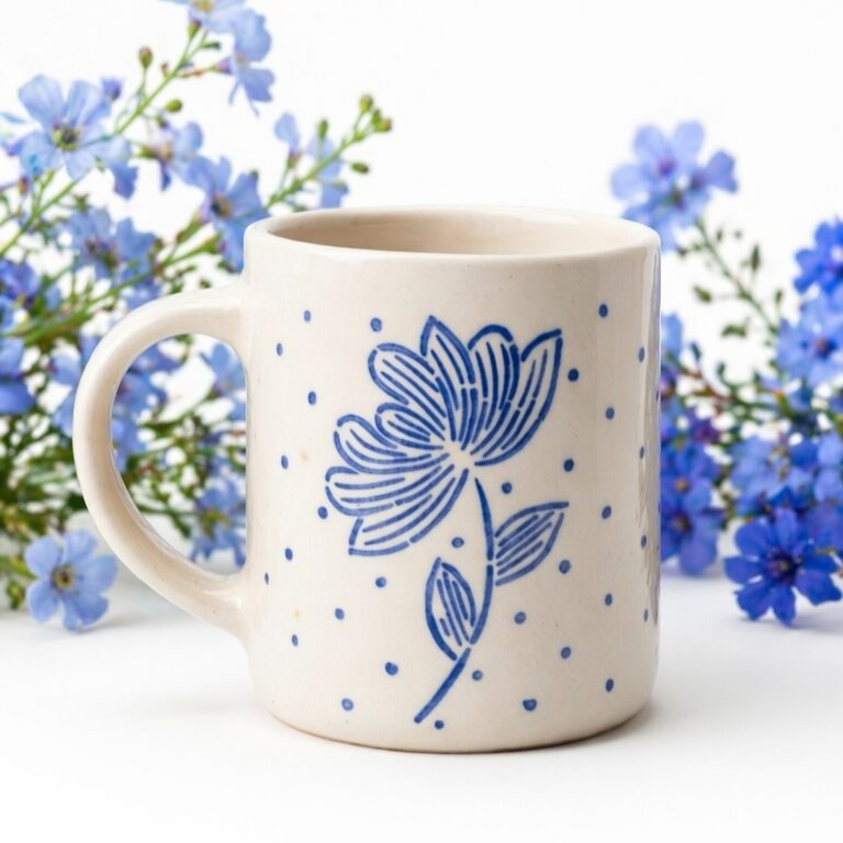 Indigo Print Mug | Byora Homes | Beige & Blue | Stoneware Ceramic - Image 4