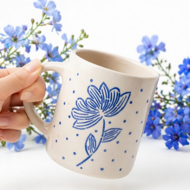Indigo Print Mug | Byora Homes | Beige & Blue | Stoneware Ceramic - Image 2