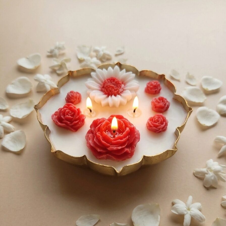 Red Floral Urli Candle | Byora Homes | Red & Gold | Soy Wax